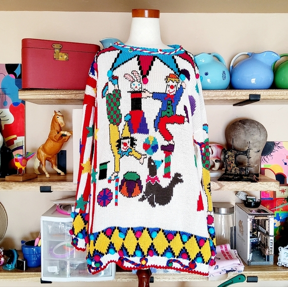 VNTG 80s Truly OOAK Amazonians Hand Knit Circus Clown Sweater Kitschy Tacky Sz L - Picture 1 of 6
